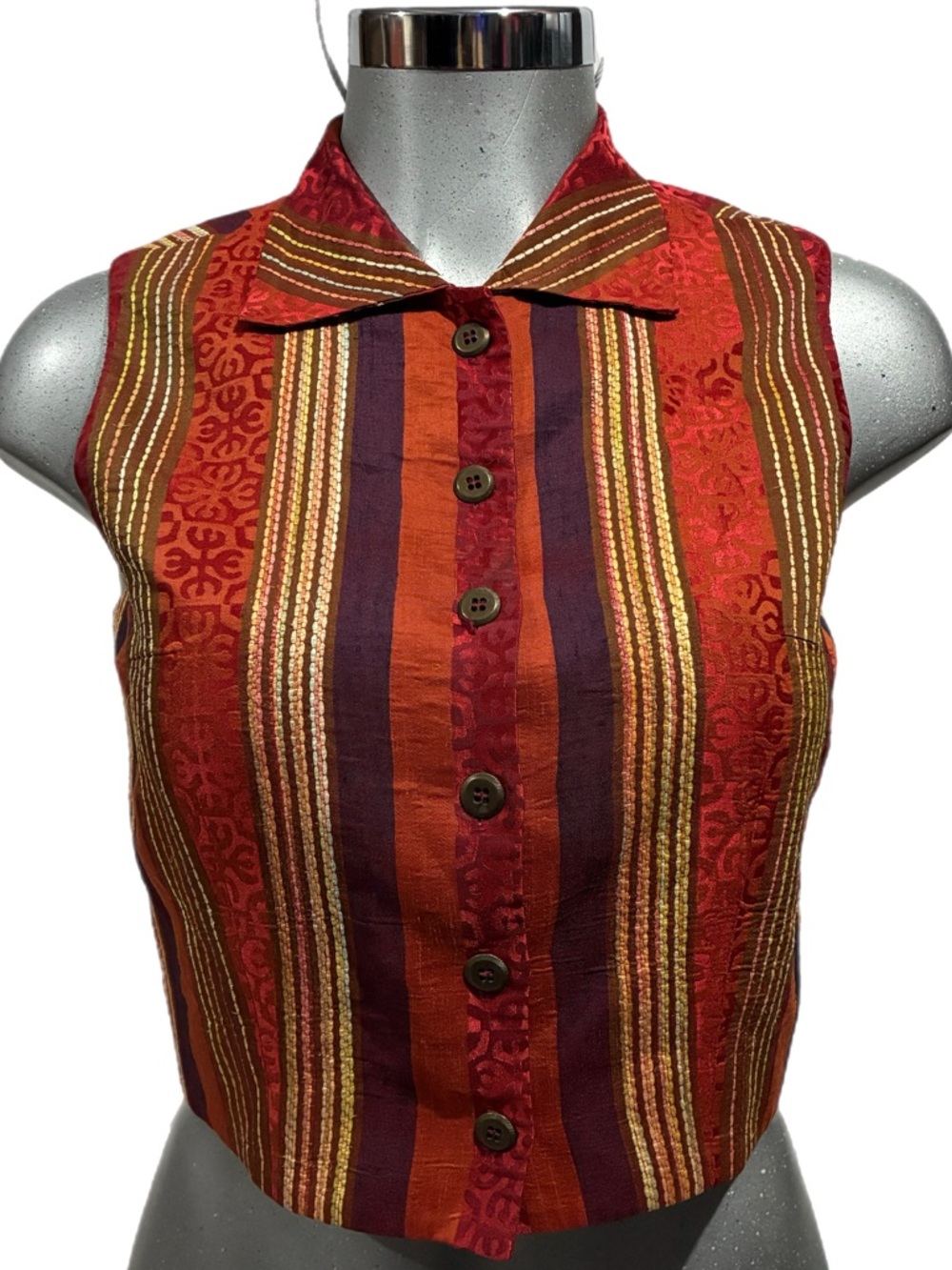 Vintage Finity Woven Cropped Vest Top Vibrant Red/Orange Striped Button-up Small